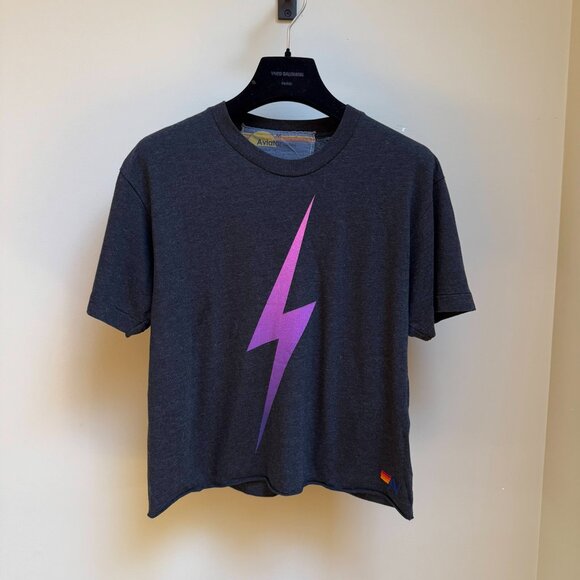 Aviator Nation Bolt & Logo Fade Boyfriend Tee Dark Grey Pink Purple M NWOT - Picture 2 of 7